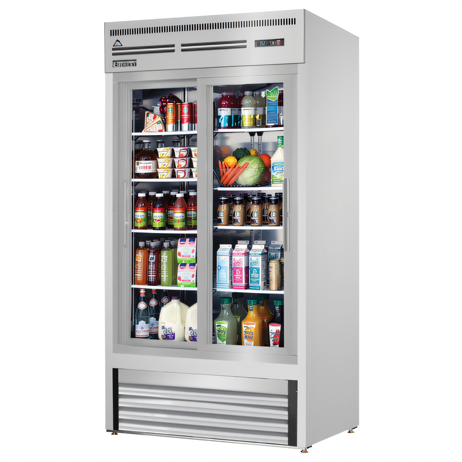 Product image #1 for Everest Refrigeration EMGR33-SS 2-Section Glass Door Merchandiser Refrigerator, 33 Cu. Ft., Sliding Doors, Stainless Steel