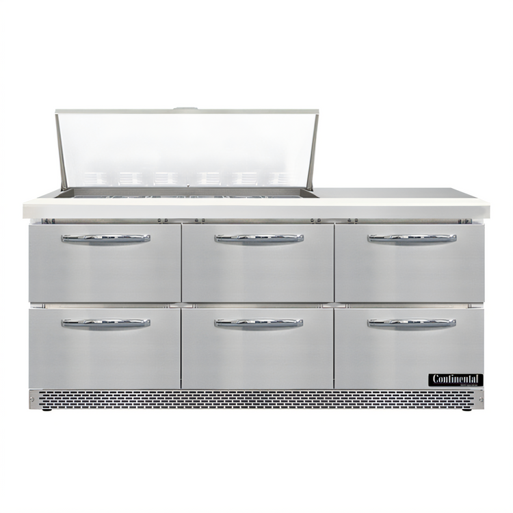 Product image #1 for Continental Refrigerator Mighty Top SW72N18M-FB-D 72" 3-Section 18-Pan Refrigerated Sandwich Prep Table with Drawers and Front Breather