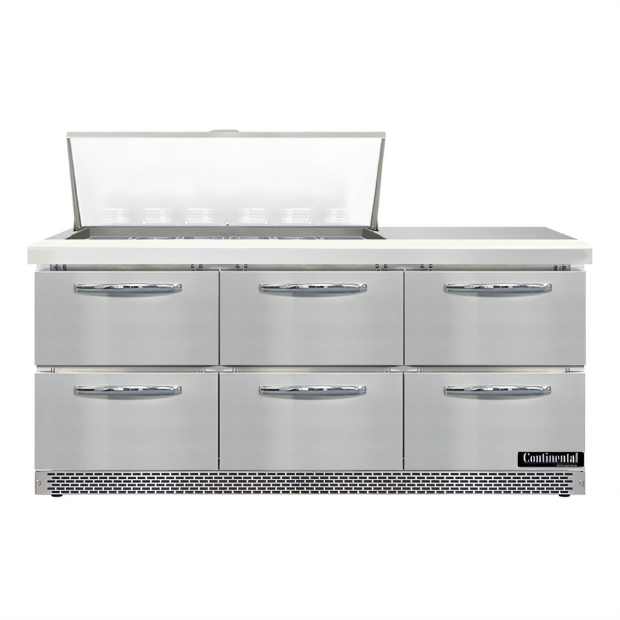 Product image #1 for Continental Refrigerator Mighty Top SW72N18M-FB-D 72" 3-Section 18-Pan Refrigerated Sandwich Prep Table with Drawers and Front Breather