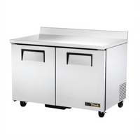True 48-Inch Two-Section Stainless Steel Worktop Freezer with Solid Doors and Rear-Mounted Self-Contained Refrigeration