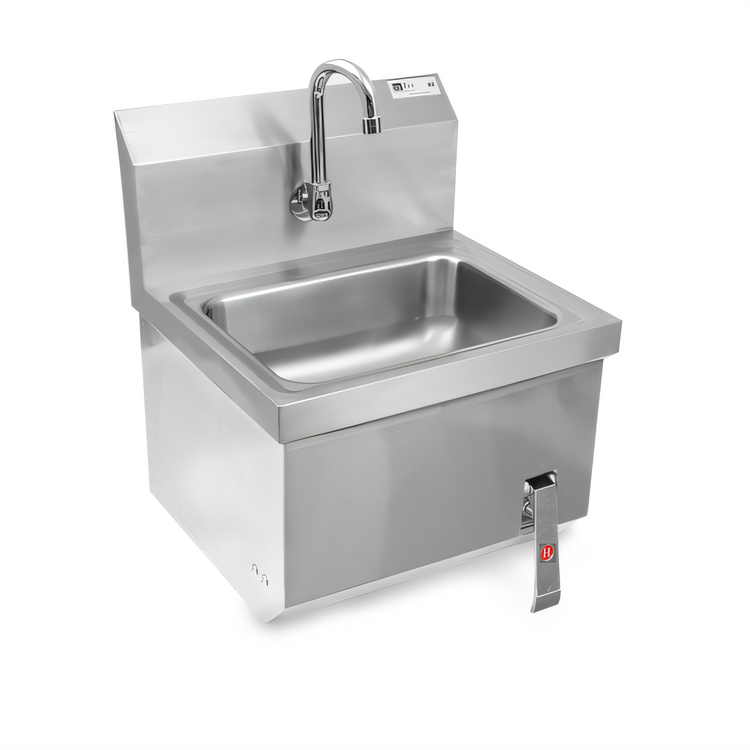 Product image #1 for John Boos Pro-Bowl Wall-Mounted Stainless Steel Hand Sink with Apron, 14 x 10 x 5-Inch Bowl, Knee Valve Faucet and Gooseneck Spout
