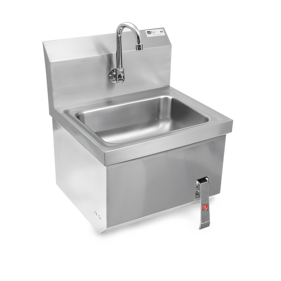Product image #1 for John Boos Pro-Bowl Wall-Mounted Stainless Steel Hand Sink with Apron, 14 x 10 x 5-Inch Bowl, Knee Valve Faucet and Gooseneck Spout