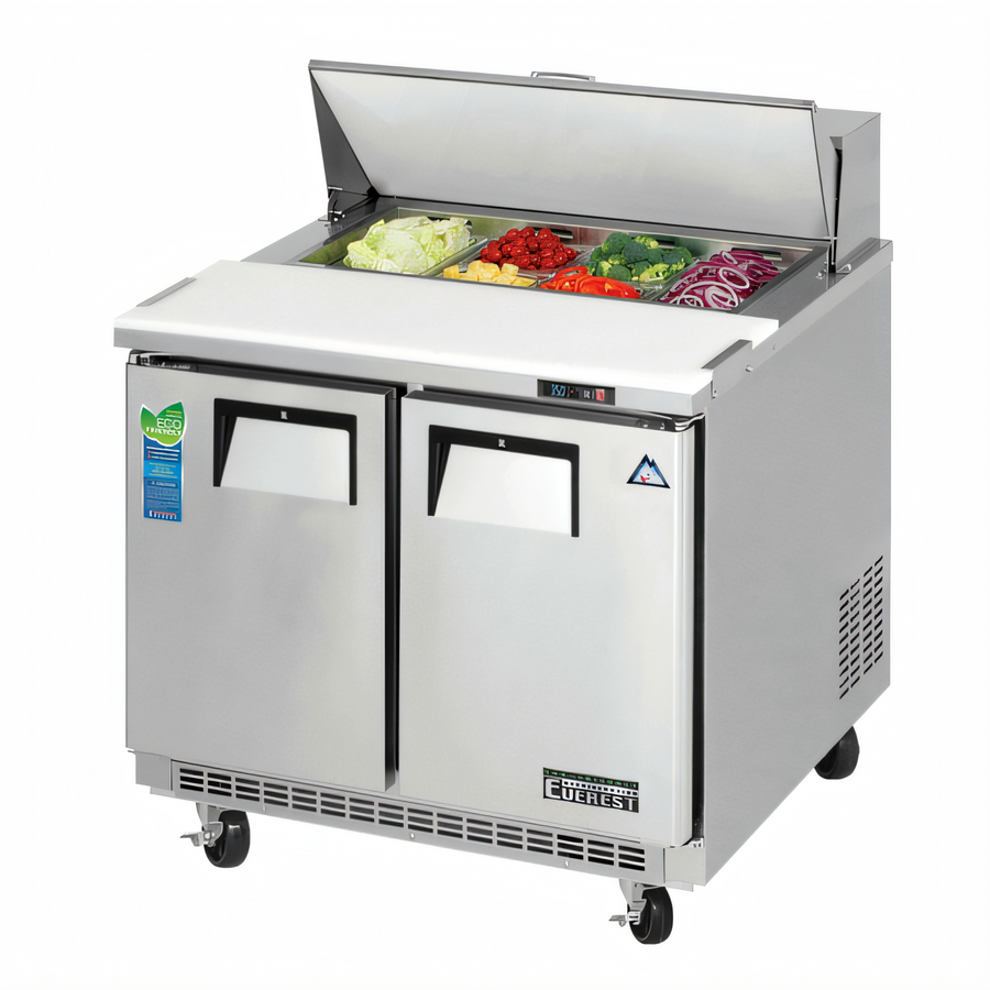 Product image #1 for Everest Refrigeration 35-5/8-Inch Wide Two-Section Sandwich Prep Table with Rear-Mounted Self-Contained Refrigeration, 10 Cu. Ft., 8-Pan Top