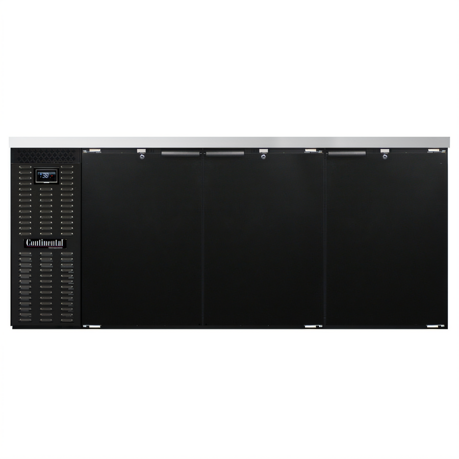 Product image #1 for Continental Refrigerator BB79N 79" 3-Door Black Back Bar Cooler with Stainless Steel Top
