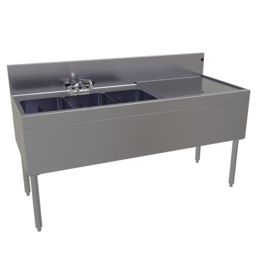 Product image #1 for Glastender Three-Compartment Underbar Sink Unit with Right Drainboard, 60" W x 24" D