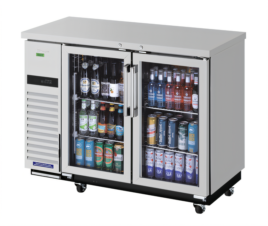 Product image #1 for Turbo Air Super Deluxe Narrow Back Bar Cooler, 2 Glass Doors, 12.2 Cu. Ft., Self-Contained Side-Mount, Stainless Steel