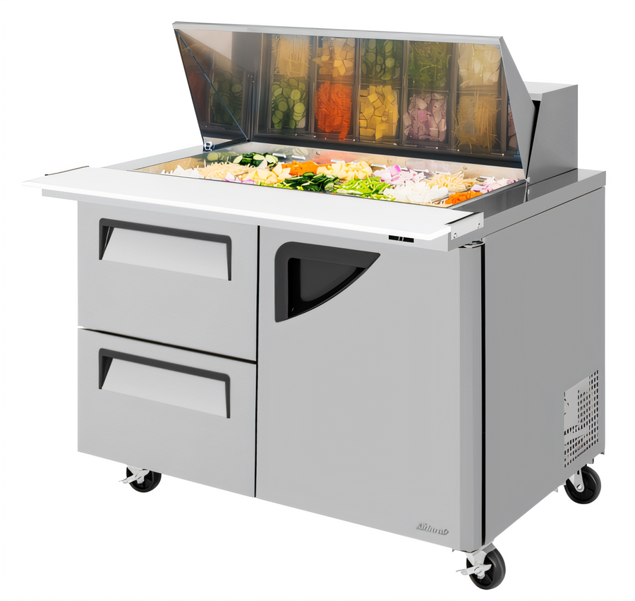 Product image #1 for Turbo Air Super Deluxe Two-Section Sandwich/Salad Mega Top Prep Table with 18-Pan Opening, 2 Drawers and 1 Door