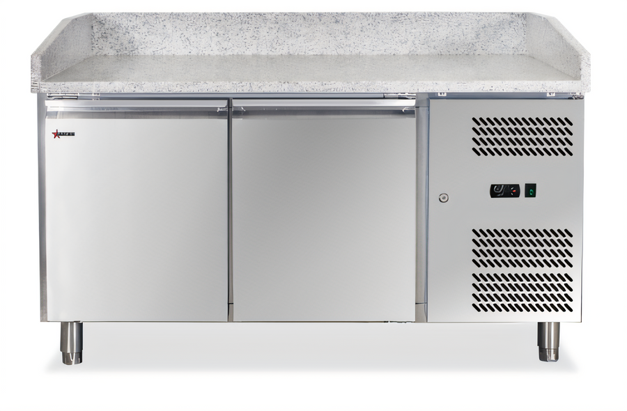 Product image #1 for Omcan 59.4-Inch Granite Top Refrigerated Pizza Prep Table, 2-Door, 13.8 Cu. Ft., Side-Mounted Self-Contained Refrigeration