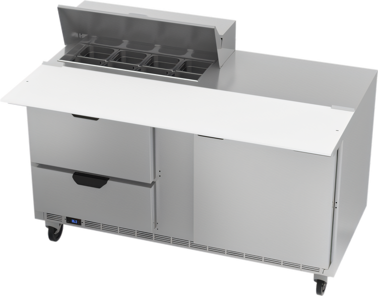 Product image #1 for Beverage-Air SPED60HC-08C-2 60-Inch Two-Section Refrigerated Sandwich Prep Table with 1 Door, 2 Drawers, 8-Pan Top and 17-Inch Cutting Board