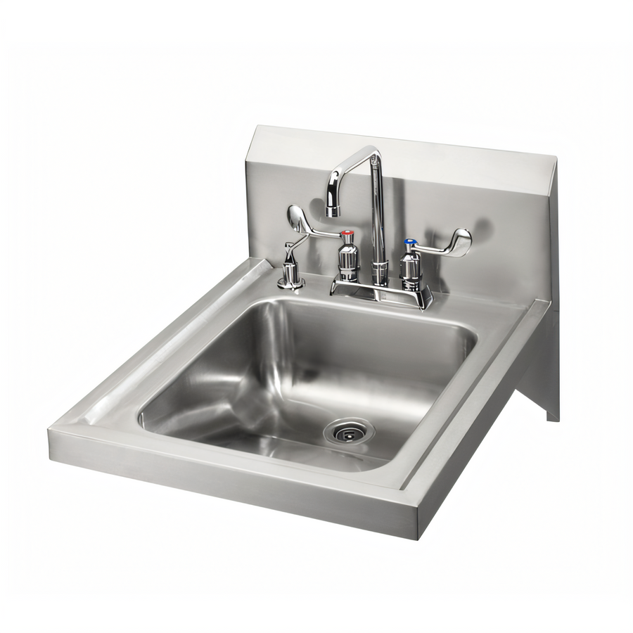 Product image #1 for Krowne HS-50 Wall-Mount Hand Sink — 14"W x 16"D x 5" Deep, 304 Stainless Steel, 4" Center Deck Faucet & Soap Dispenser