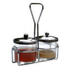 Thumbnail image #1 for Town Equipment 19826/DZ 2-Compartment Coffee Condiment Server with Two 8 oz Glass Jars, Stainless Steel Covers and Chrome-Plated Rack