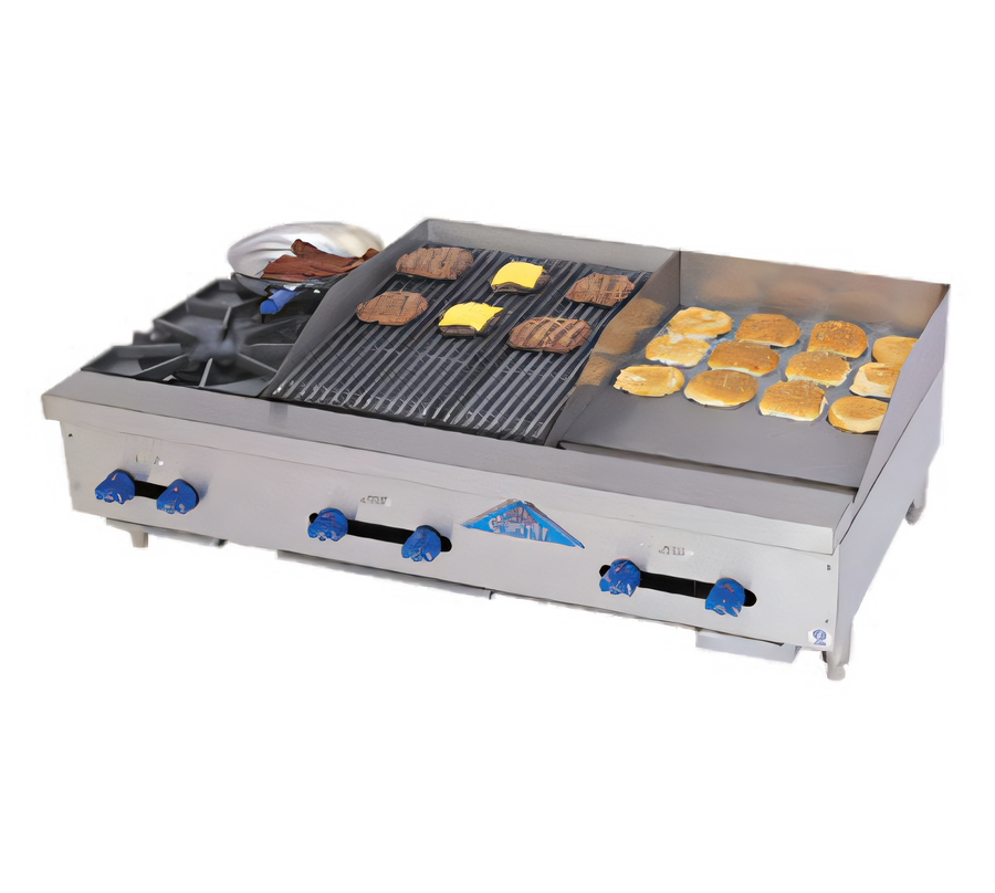 Product image #1 for Comstock-Castle 48-Inch Countertop Gas Hotplate, Griddle and Char-Broiler Combination with 2 Open Burners