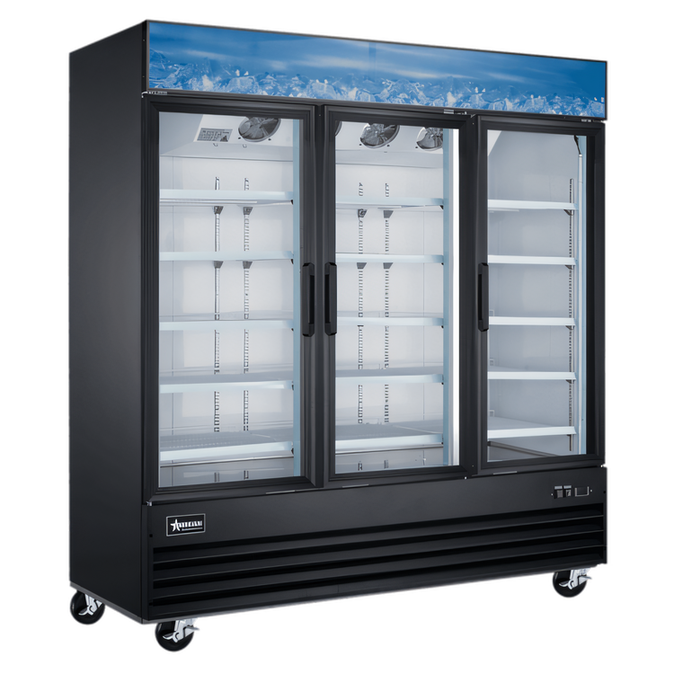 Product image #1 for Omcan 80-Inch Three-Section Reach-In Glass Door Display Freezer, 52.3 Cu. Ft., Self-Contained Bottom Mount, Black