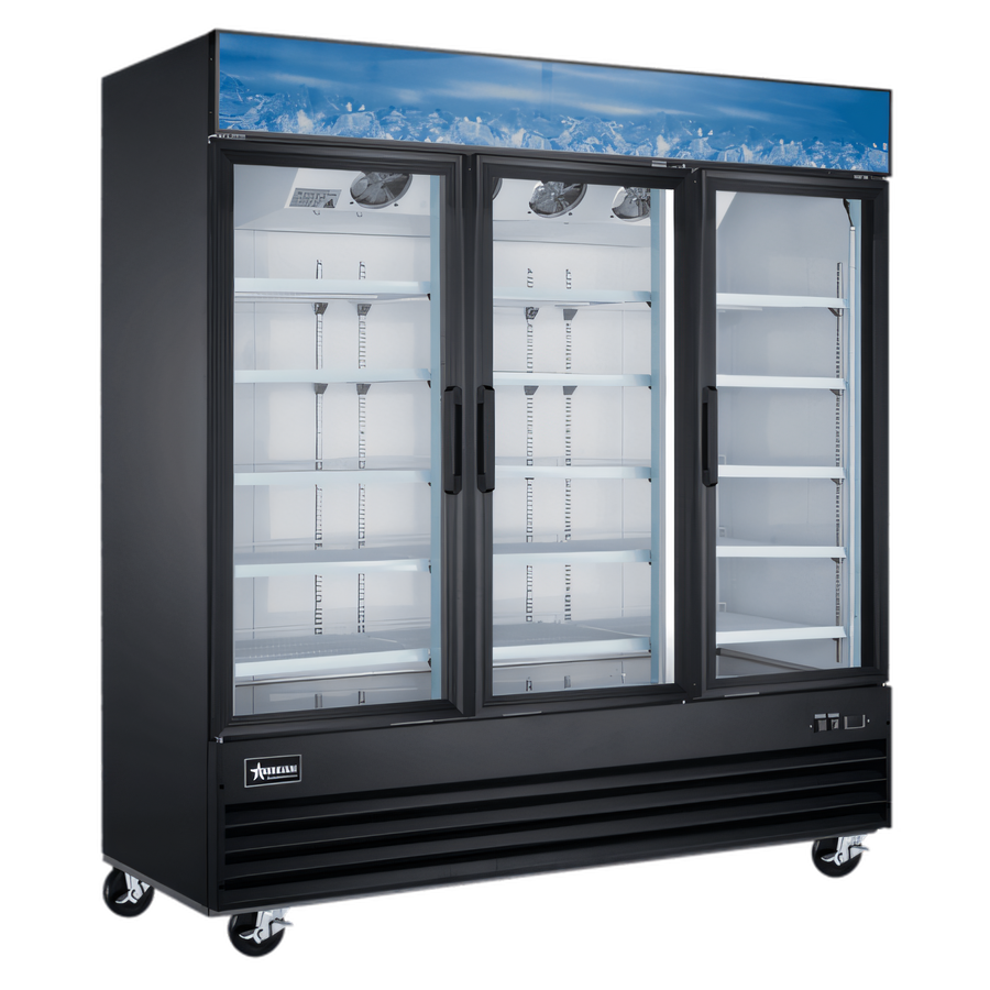 Product image #1 for Omcan 80-Inch Three-Section Reach-In Glass Door Display Freezer, 52.3 Cu. Ft., Self-Contained Bottom Mount, Black