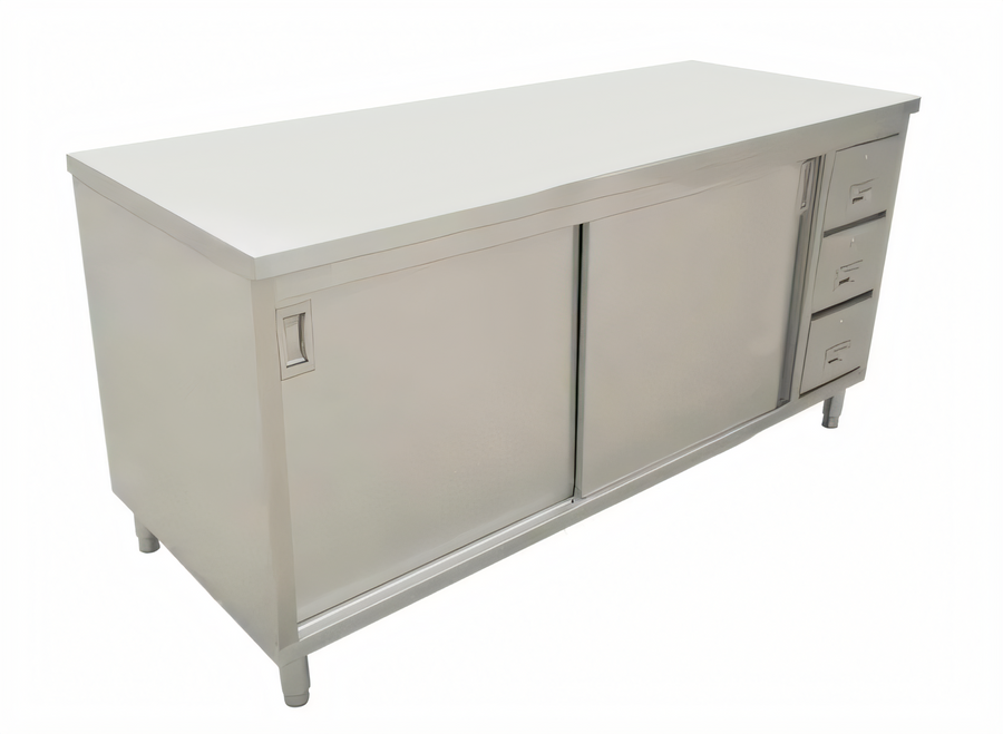 Product image #1 for Omcan USA Enclosed Stainless Steel Work Table with Cabinet Base, Sliding Doors and 3 Drawers, 60 x 30 x 36 Inches