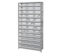 Quantum Heavy-Duty Stationary Wire Shelving Unit, 36W x 18D x 75H, with 13 Shelves and 36 Clear Bins