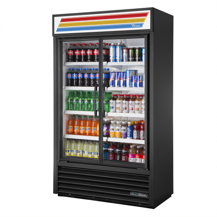 Product image #1 for True Slim Line Two-Section Glass Door Refrigerated Merchandiser, 47 1/8-Inch Wide, Black, Bottom Mounted