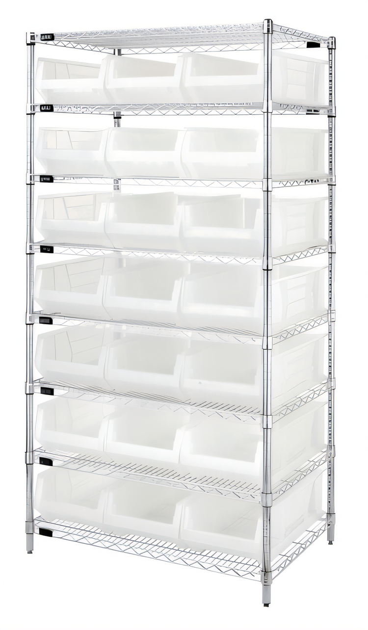 Product image #1 for Quantum Chrome Plated Stationary Bin Wire Shelving System with 8 Shelves and 21 Bins, 36 x 24 x 74 Inches