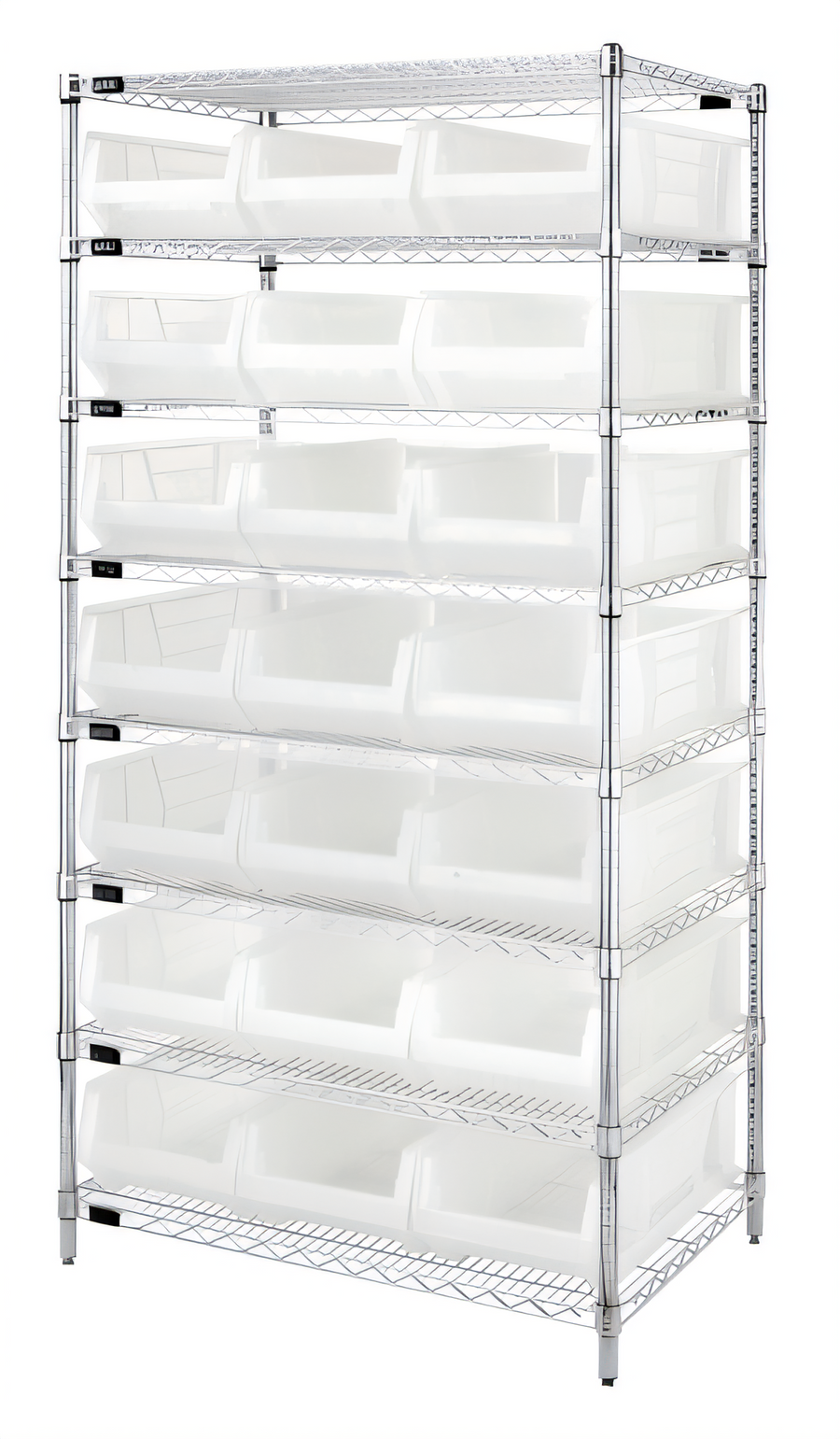 Product image #1 for Quantum Chrome Plated Stationary Bin Wire Shelving System with 8 Shelves and 21 Bins, 36 x 24 x 74 Inches