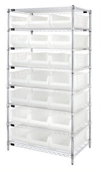 Quantum Chrome Plated Stationary Bin Wire Shelving System with 8 Shelves and 21 Bins, 36 x 24 x 74 Inches
