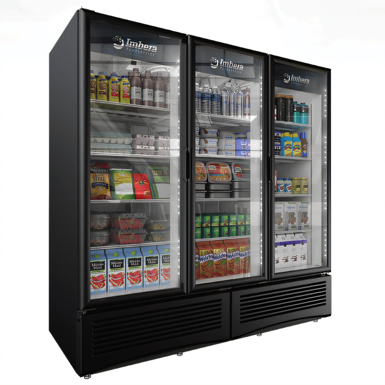 Product image #1 for Omcan 3-Section Reach-In Glass Door Merchandiser Refrigerator, Bottom-Mount Self-Contained, 71 Cu. Ft., Black