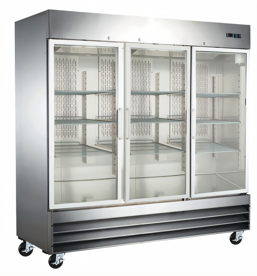 Product image #1 for Three-Section Reach-In Glass Door Merchandiser Refrigerator, 72 Cu. Ft., Bottom-Mounted, Stainless Steel