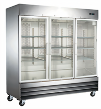 Three-Section Reach-In Glass Door Merchandiser Refrigerator, 72 Cu. Ft., Bottom-Mounted, Stainless Steel