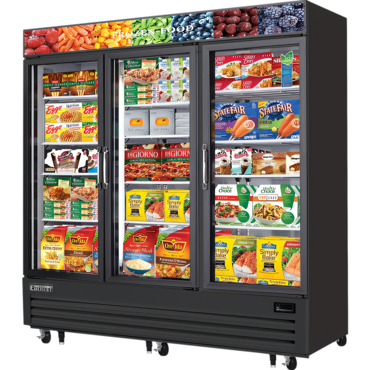 Product image #1 for Everest Refrigeration Three-Section Reach-In Glass Door Merchandiser Freezer, 69 Cu. Ft., 74-3/4 Inch Wide, Bottom-Mounted Self-Contained
