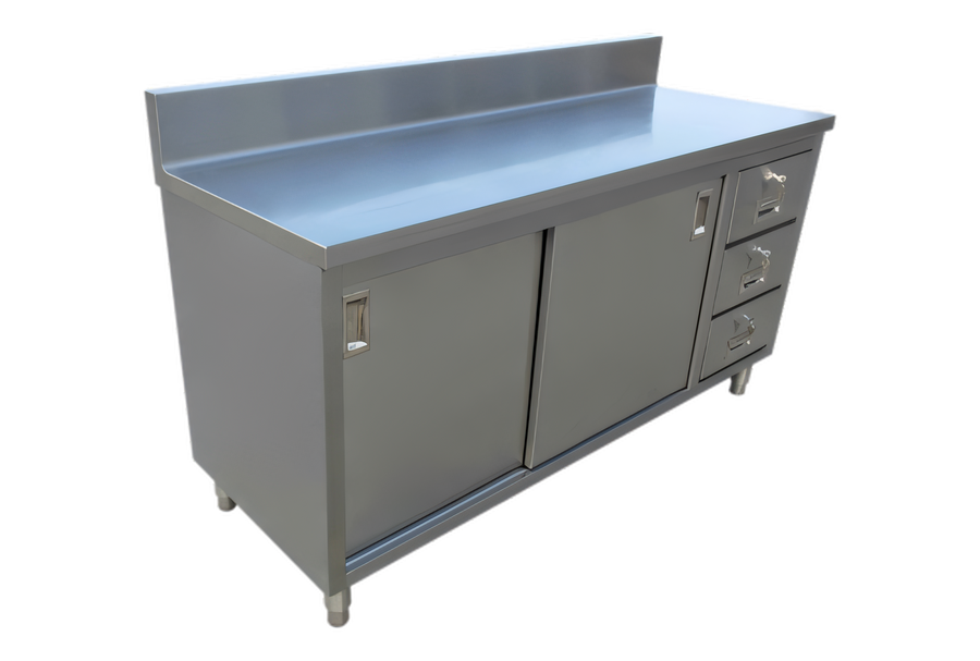 Product image #1 for 60-Inch Stainless Steel Enclosed Work Table with 6-Inch Backsplash, Sliding Doors, and 3 Drawers