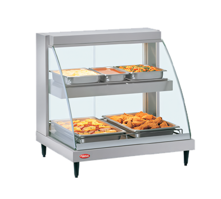Product image #1 for Hatco Glo-Ray Designer Dual-Shelf Countertop Hot Food Display Case, 2-Pan, Curved Tempered Glass