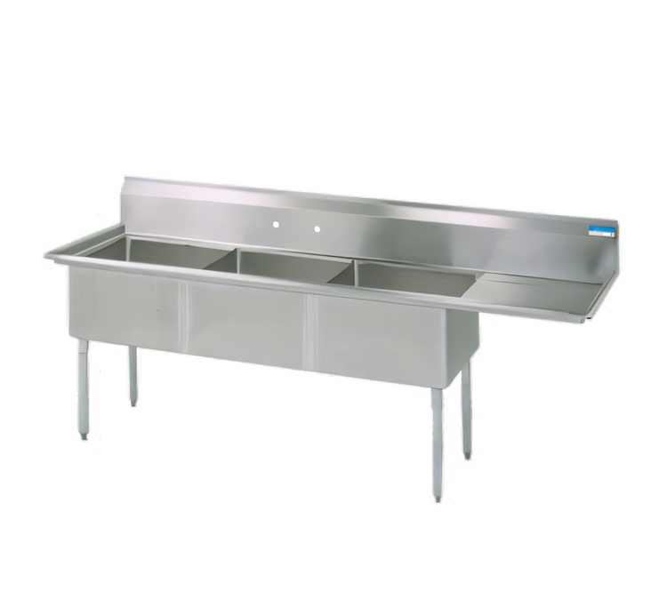 Product image #1 for BK Resources Three-Compartment Stainless Steel Sink with Right Drainboard, 74-1/2-Inch Wide, 18 x 18 x 12 Bowls