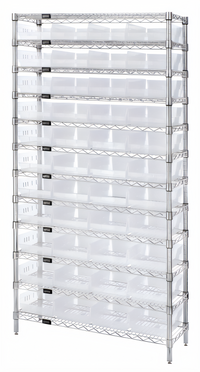 Quantum 36 Inch x 24 Inch Chrome Plated Stationary Wire Shelving System with 12 Shelves and 44 Clear Bins
