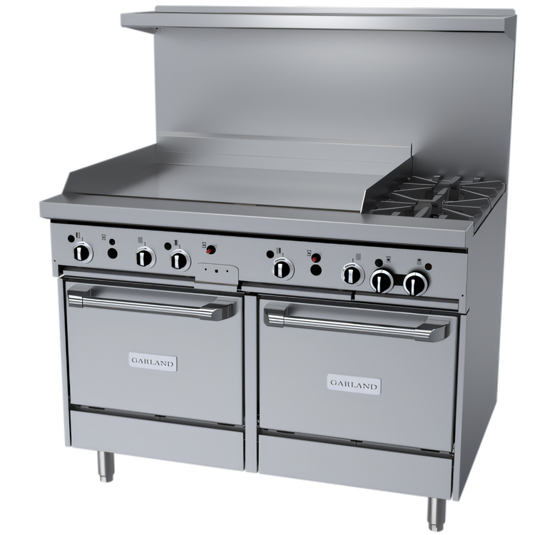 Product image #1 for Garland GF Starfire Pro 48-Inch Gas Restaurant Range with Flame Failure, 2 Open Burners, 36-Inch Thermostatic Griddle, and 2 Space-Saver Ovens
