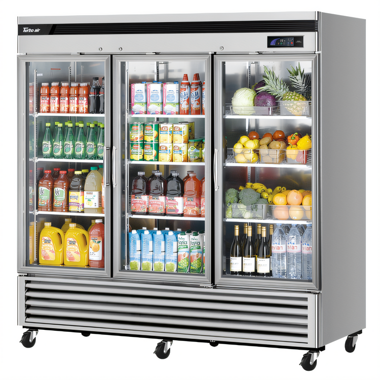Product image #1 for Turbo Air Super Deluxe 3-Section Self-Contained Glass Door Reach-In Refrigerator, Bottom Mount, 67.02 Cu. Ft.