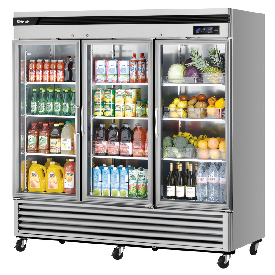 Product image #1 for Turbo Air Super Deluxe 3-Section Self-Contained Glass Door Reach-In Refrigerator, Bottom Mount, 67.02 Cu. Ft.