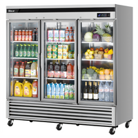 Turbo Air Super Deluxe 3-Section Self-Contained Glass Door Reach-In Refrigerator, Bottom Mount, 67.02 Cu. Ft.