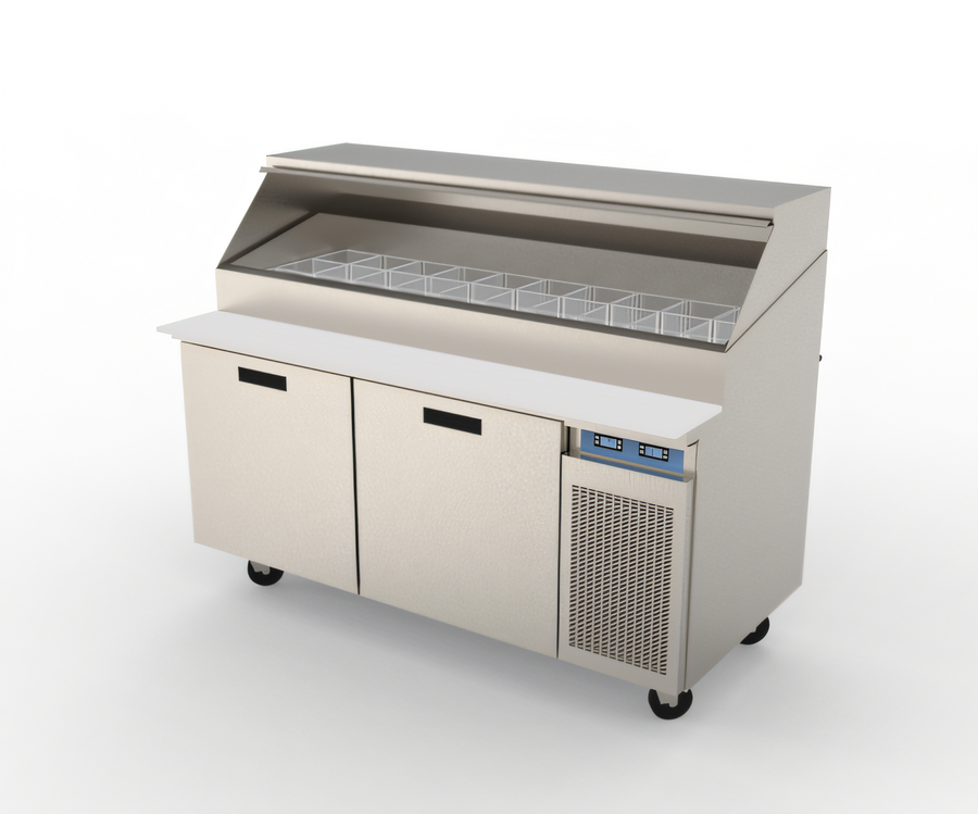 Product image #1 for Randell 68-Inch 2-Section Refrigerated Raised Rail Prep Table with Right-Side Compressor, 30 x 1/6 Pan Capacity