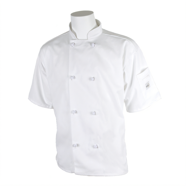 Product image #1 for Mercer Culinary Millennia Unisex Double-Breasted Short Sleeve Cook Jacket with Cloth Knot Buttons, White, Small