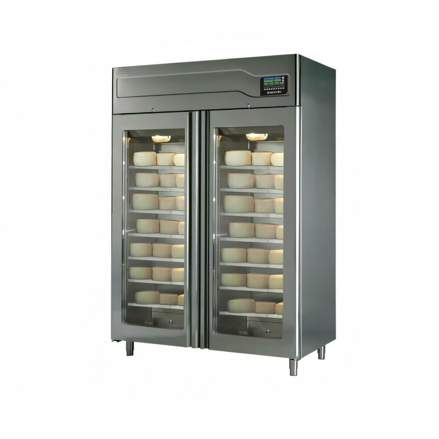 Product image #1 for Affinacheese® Twin Section Reach-In Cheese Drying Cabinet with Full Hinged Glass Display Doors, 220 + 220 lb Capacity, Self-Contained Top-Mounted Refrigeration