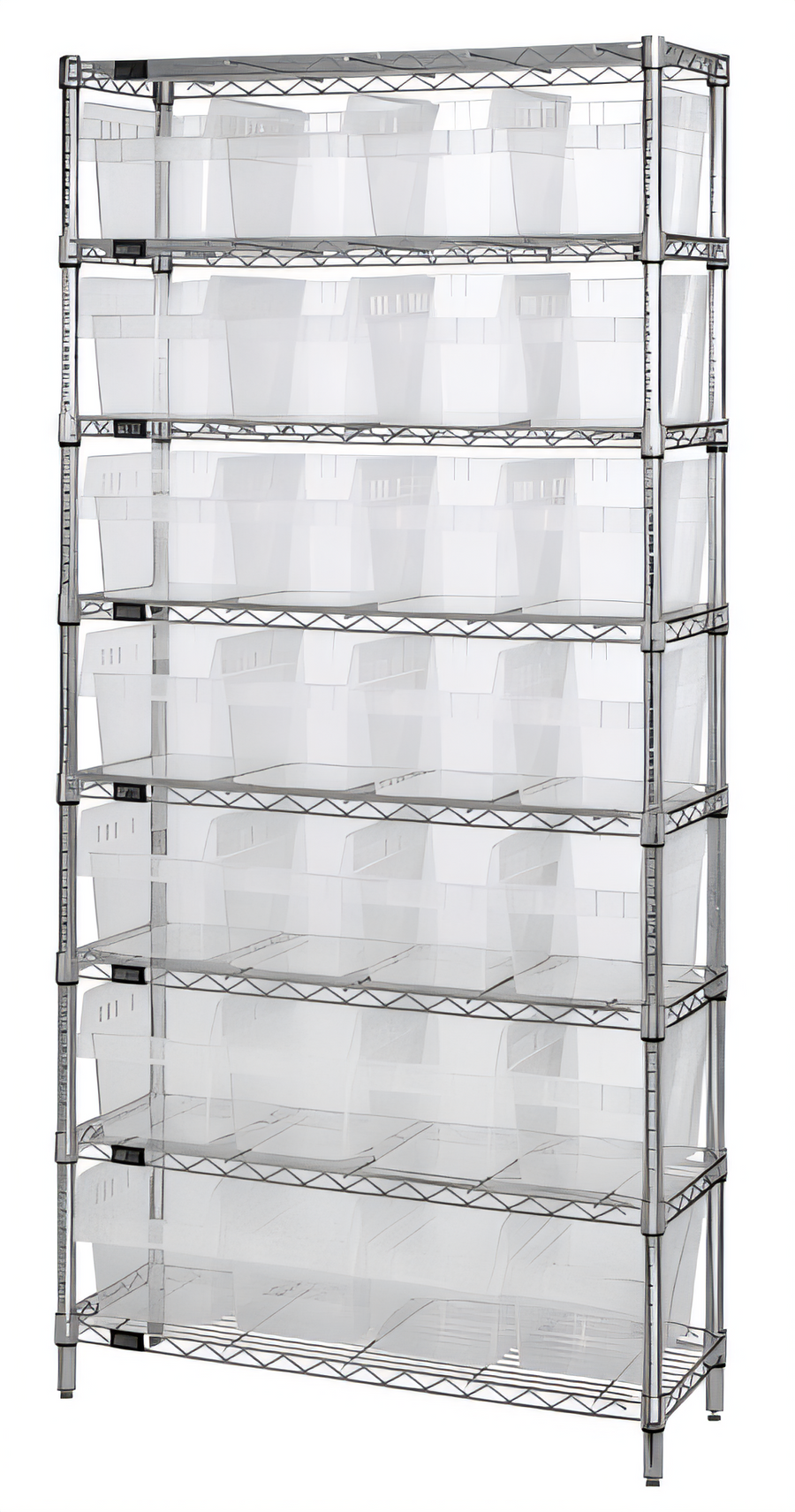 Product image #1 for Quantum 36"W x 12"D x 74"H Chrome Plated Stationary Bin Wire Shelving System with 8 Shelves and 28 Clear Bins
