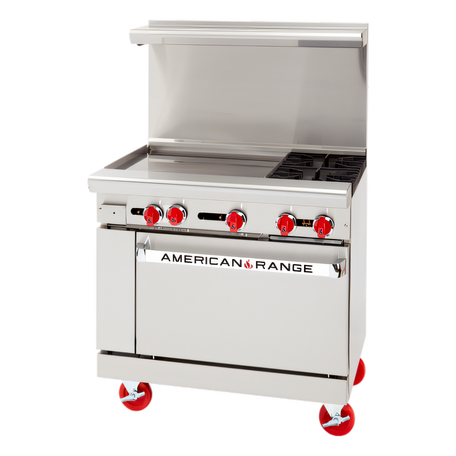 Product image #1 for American Range 36-Inch Gas Restaurant Range with 24-Inch Left Griddle, 2 Open Burners, Storage Base, and Back Riser