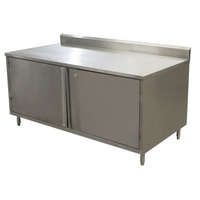 BK Resources 72 x 24 Inch Enclosed Stainless Steel Work Table with Cabinet Base, Locking Hinged Doors, and 5-Inch Backsplash