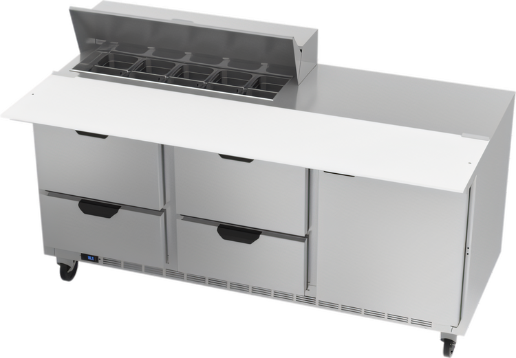 Product image #1 for Beverage-Air 72-Inch Three-Section Sandwich Prep Table Refrigerator with 17-Inch Cutting Board, 10-Pan Rail, 1 Door and 4 Drawers