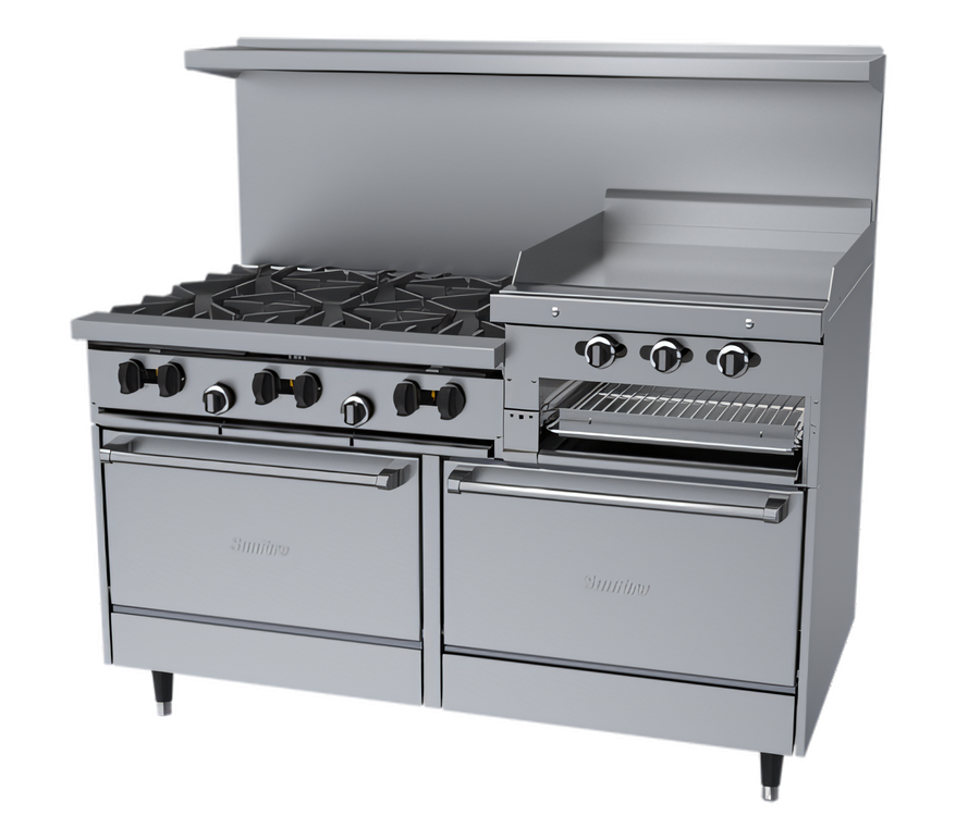 Product image #1 for Garland SunFire X-Series 60-Inch Gas Restaurant Range with 6 Open Burners, 24-Inch Raised Griddle/Broiler, and 2 Standard Ovens