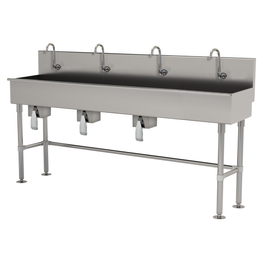 Product image #1 for Advance Tabco 4-Station Floor-Mounted Knee-Operated Multiwash Hand Sink, 96-Inch Wide, 16-Gauge 304 Stainless Steel