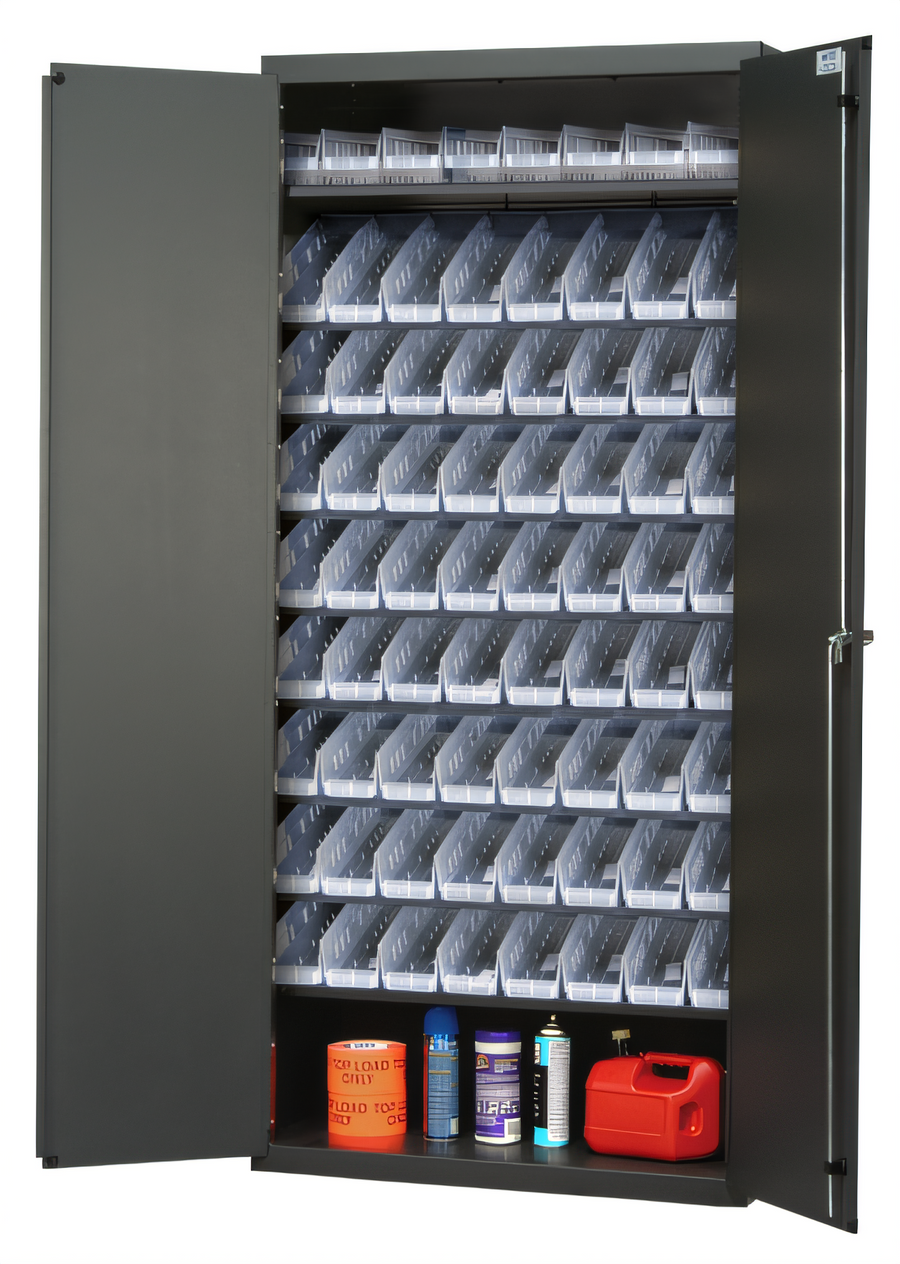 Product image #1 for Quantum Heavy-Duty 36-Inch Underbar Bin Cabinet with 8 Sloped Shelves and 72 Clear Bins