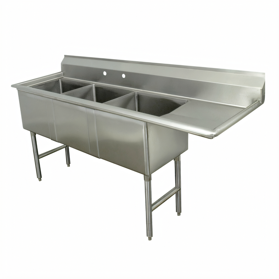 Product image #1 for Advance Tabco 3-Compartment Fabricated Sink with 24-Inch Right-Hand Drainboard and 24 x 24 x 14-Inch Bowls
