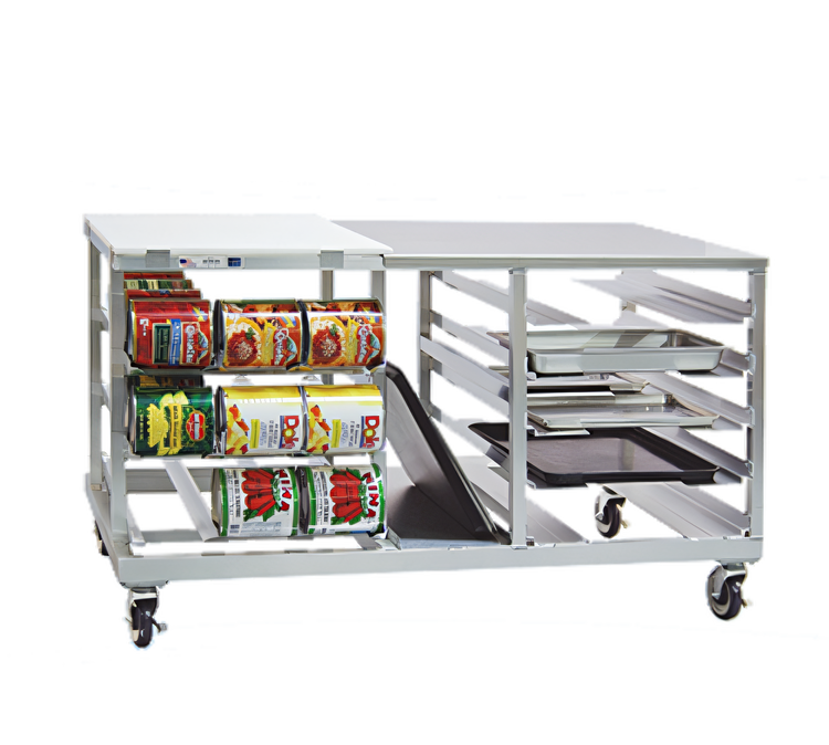 Product image #1 for Mobile Five-in-One Prep Table with Can Storage, Universal Pan Rack, and Poly Cutting Board