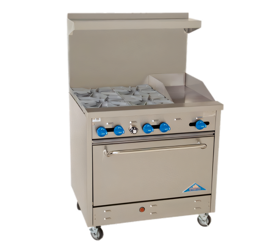 Product image #1 for Comstock-Castle 36-Inch Gas Range with 4 Star Burners, 12-Inch Griddle, Standard Oven, Backriser and High Shelf