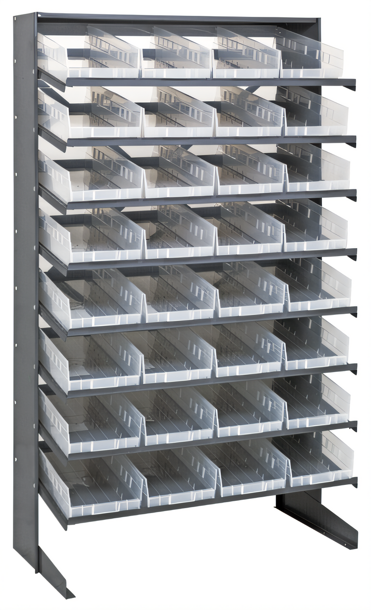 Product image #1 for Quantum Steel Sloped Single-Sided Pick Rack with 8 Shelves and 32 Clear Bins